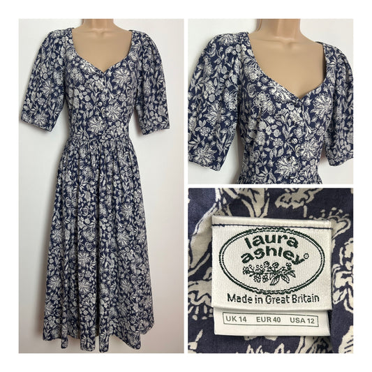 Vintage 1980s LAURA ASHLEY Size 10 (Size 14 On Label) Blue & White Floral Print Cotton Midi Dress