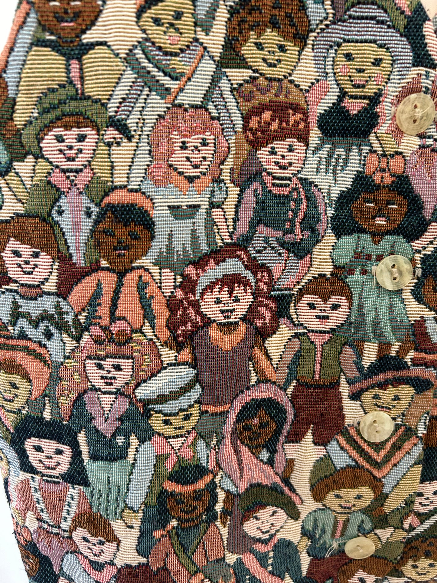 Vintage 1980s WILLOW RIDGE UK Size 8-10 (USA Med) Children Of The World Novelty Print Tapestry Waistcoat