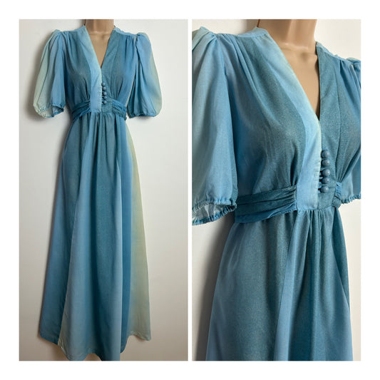 Vintage 1970s Size 12 Blue Tones Ombre Cotton Mix Short Sleeve Tie Back Boho Maxi Dress