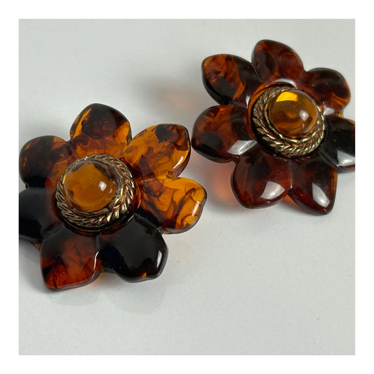 Vintage 1960s Large Tortoiseshell Style PlasticFlower Clip On Earrings