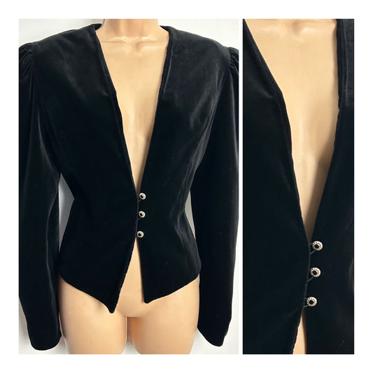 Vintage 1980s DORETTE Size 12 Black Velvet Button Fastening Jacket
