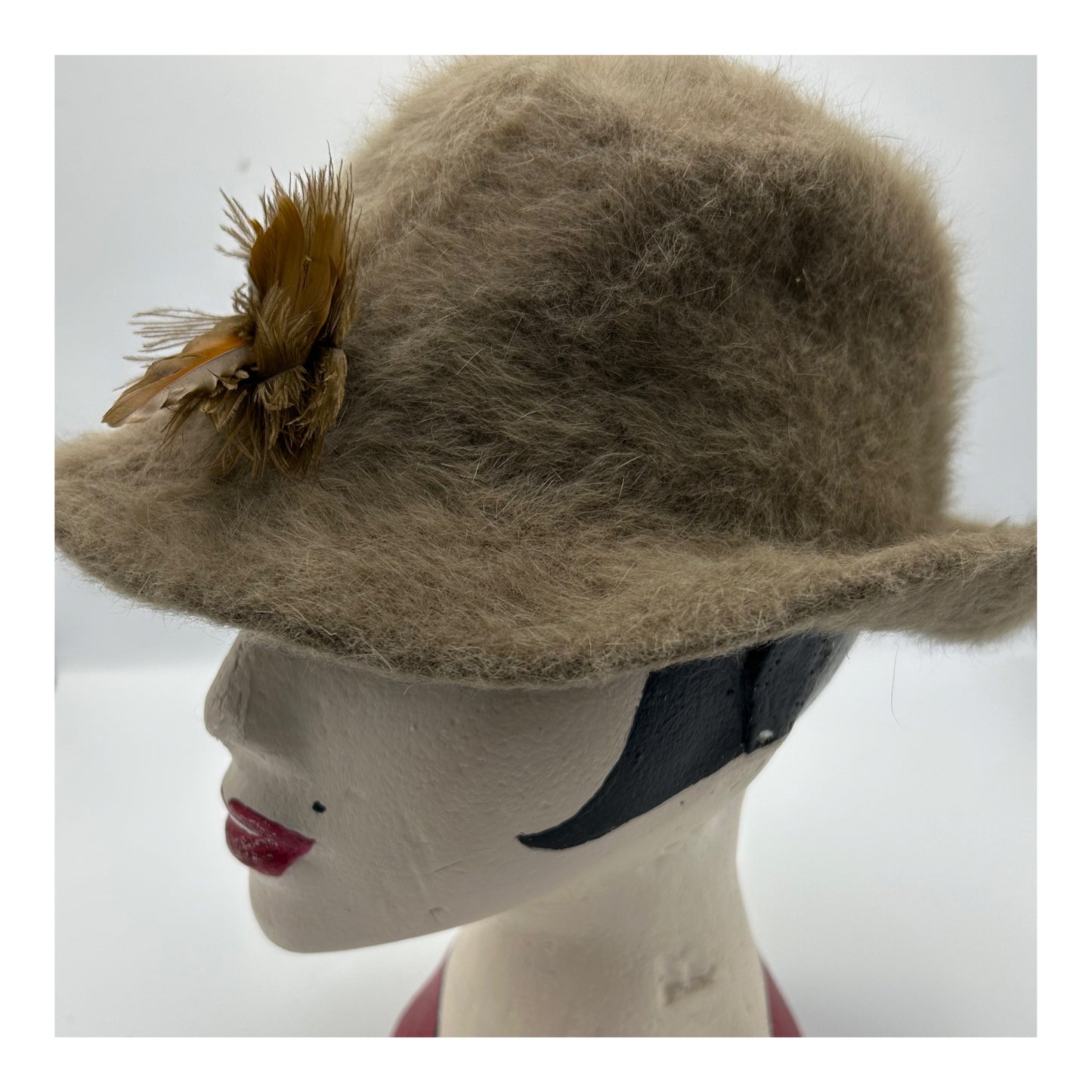 Vintage Camel Brown Angora Mix Feather Detail Trilby Style Hat