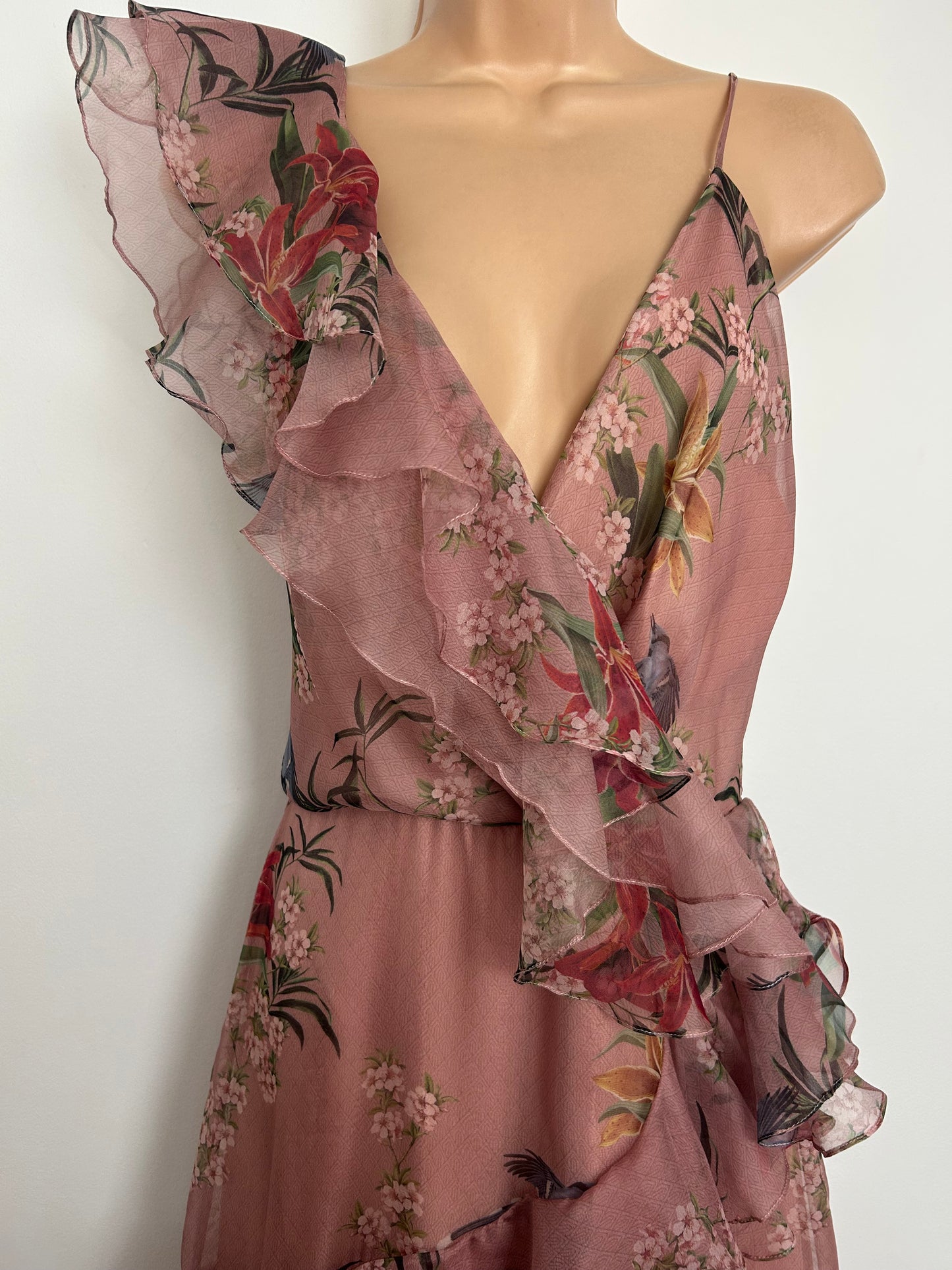 Designer JOHANNE ORTIZ Size 10 (US 6) Pale Pink Floral & Bird Print 100% Silk Ruffle Trim "The Place Of Silent Dress Occasion Maxi Dress
