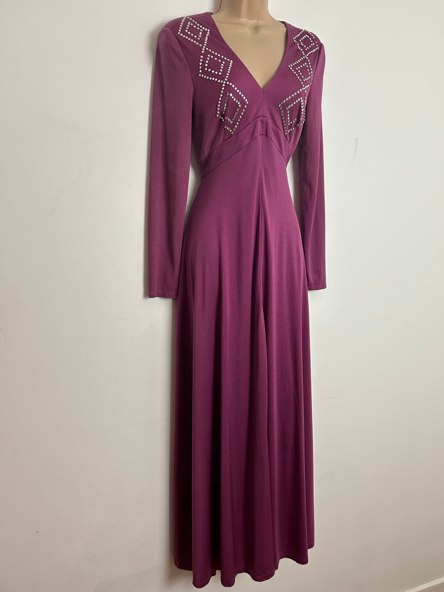 Vintage 1970s JOHN MARKS UK Size 8 Plum Purple Diamante Detail Long Sleeve Occasion Evening Maxi Dress