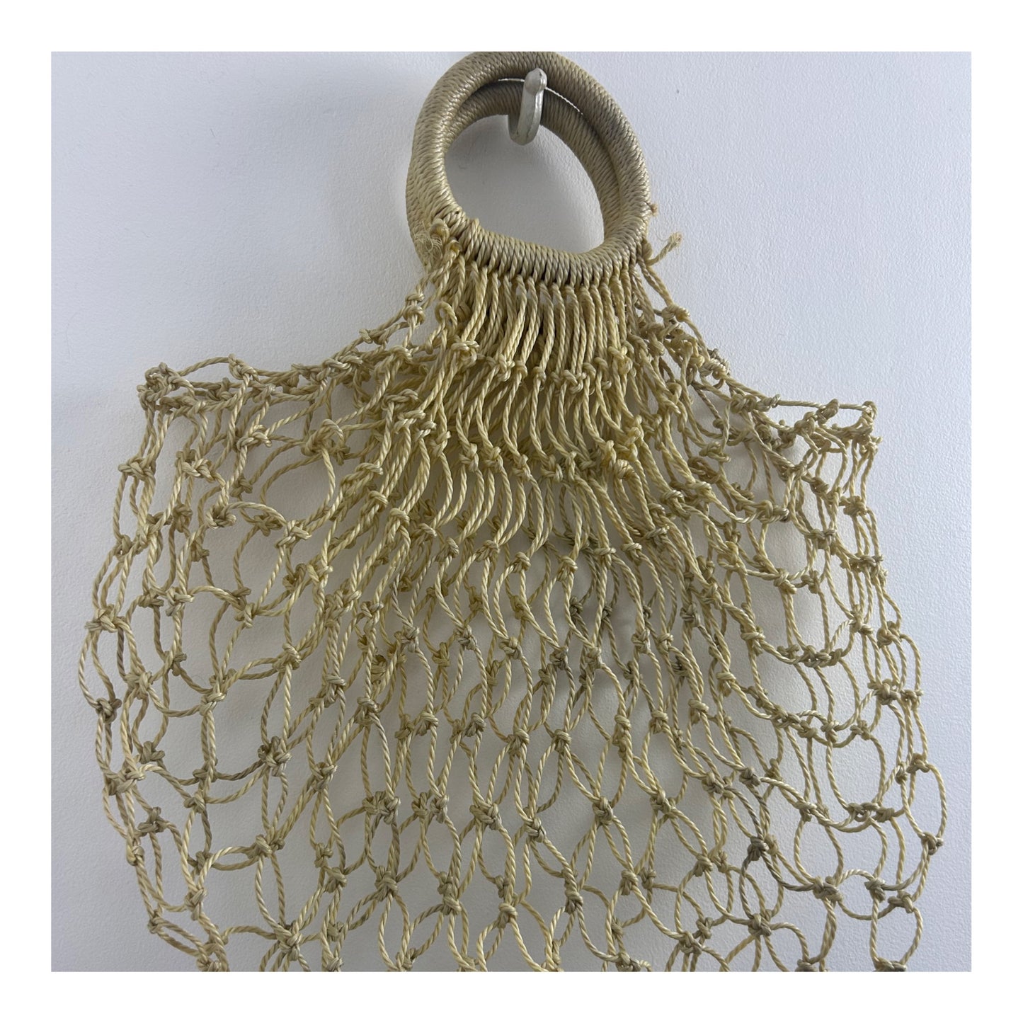 Vintage 1960s Cream Macrame Knotted Style "Fish Net" Plastic Handled Shopping Bag