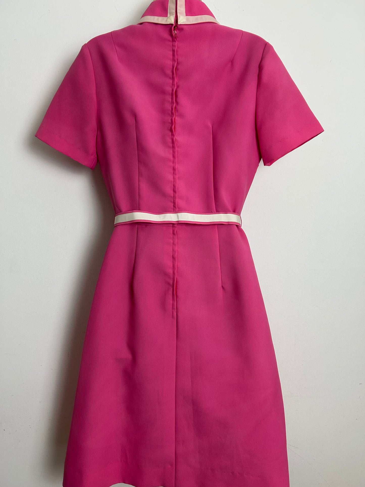 Vintage Late 1960s BERNARD FRERES Size 10 Candy Pink Belted Pleated Mod Dress