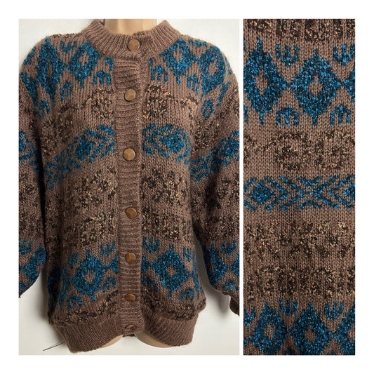 Vintage 1980s One Size Up To Size 16 Brown & Blue Wool Mix Long Sleeve Chunky Cardigan