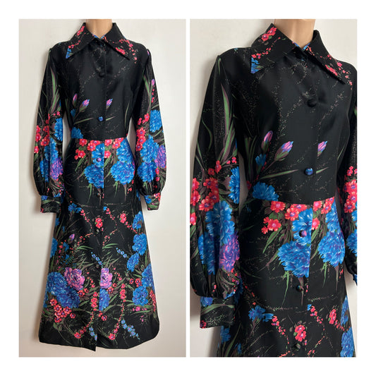 Vintage 1970s UK Size 14-16 Black Blue Red & Pink Floral Print Long Sleeve Maxi Dress