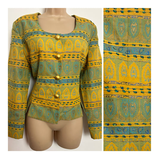 Vintage 1980s JULIE GUERLANDE Size 14 Yellowy Gold & Duck Egg Blue Jacquard Collarless Jacket