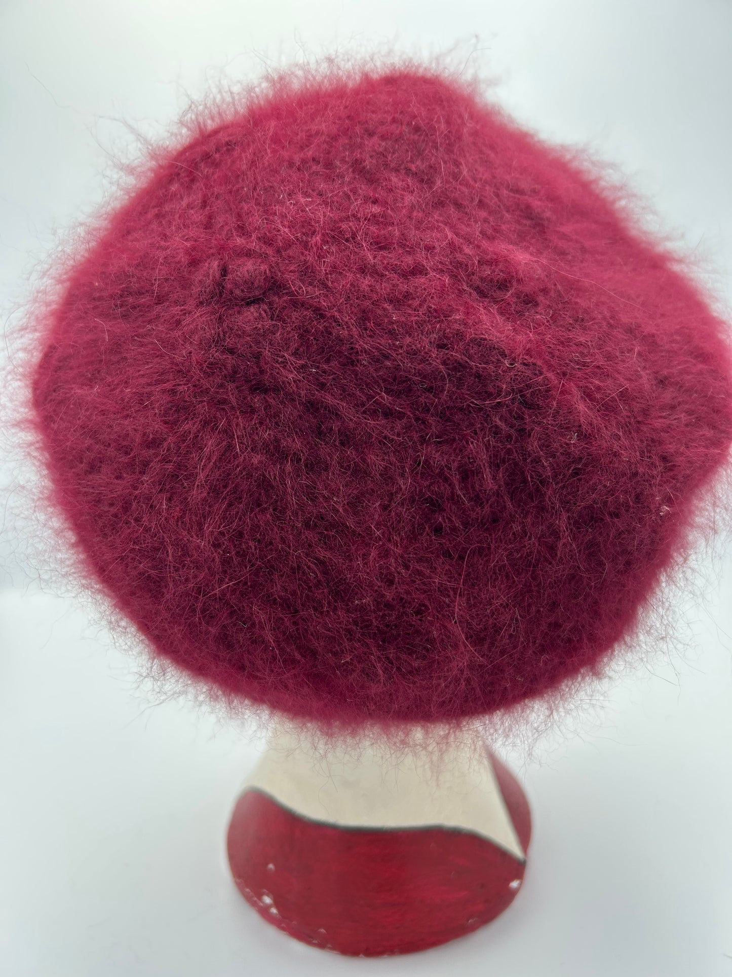 Vintage 1980s Handmade Raspberry Angora & Wool Mix Super Soft Beret Style Winter Hat