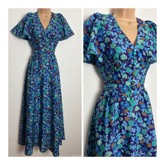Vintage 1970s UK Size 8 Pretty Purple Blue & Green Floral Forget Me Not Flutter Sleeve Boho Maxi Dress
