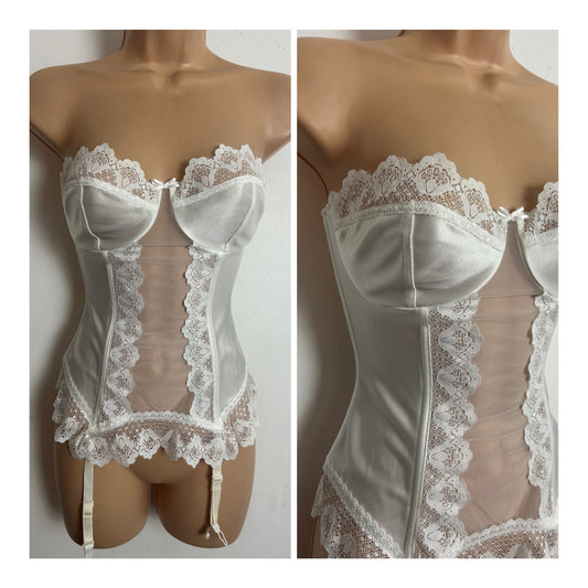 Vintage 1980s DEBENHAMS Size 38B Ivory White Lace Trim Underwired Corset With Suspenders