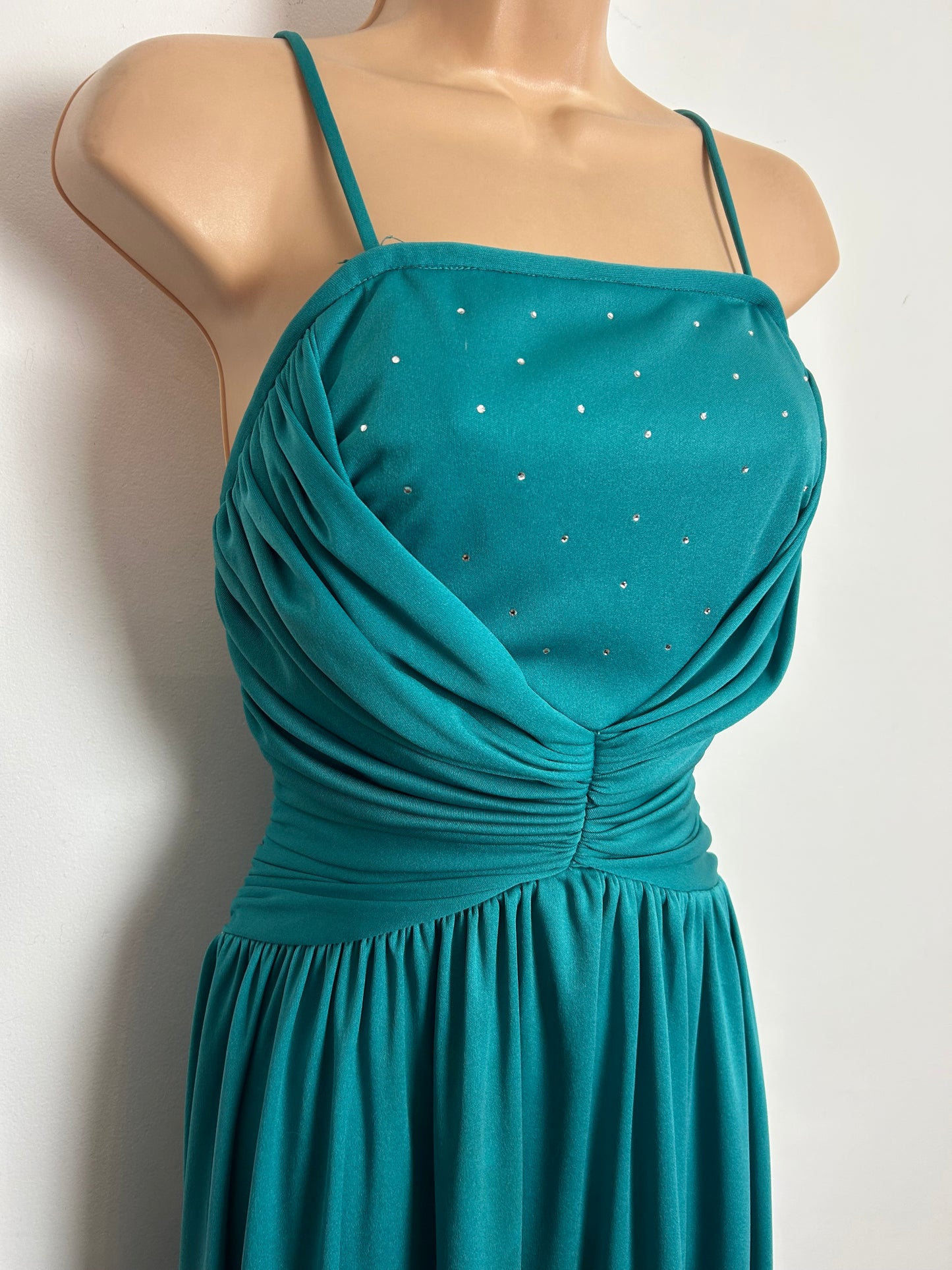 Vintage 1970s Size 6 Jade Green Strappy Diamante Detail Ruched Bodice Evening Party Maxi Dress