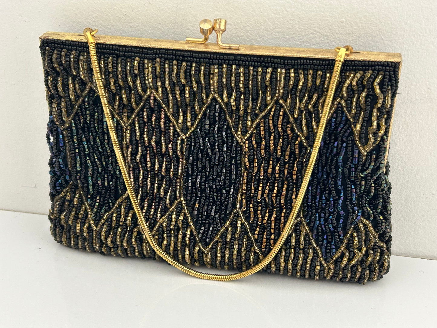 Vintage 1960s Handmade In Hong Kong Small Beaded Evening Bag With Snake Chain Handle