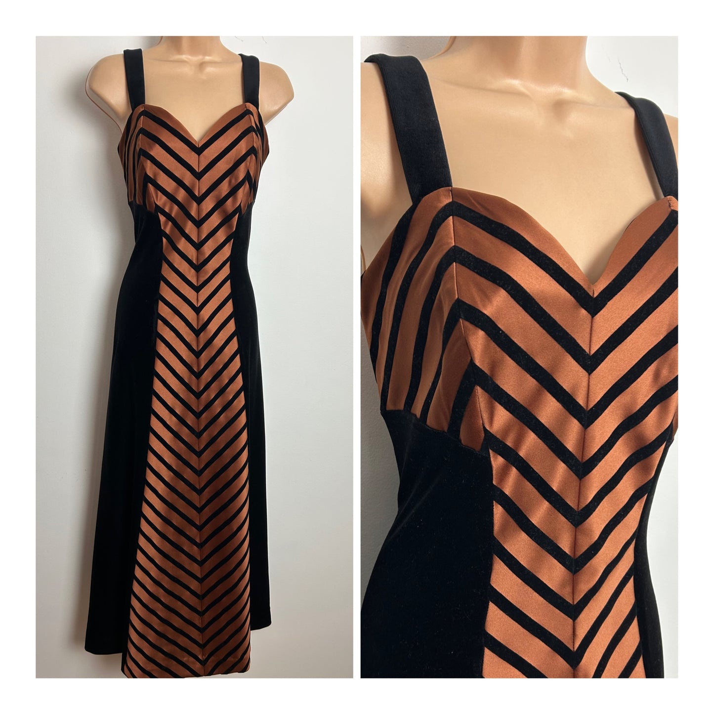 Vintage Early 1980s VERA MONT FRANCE Size 10 Black Velvet & Bronze Satin Stripe Panel Occasion Evening Maxi Dress