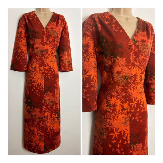Vintage 1970s UK Size 14-16 Rust Brown & Orange Abstract Floral & Leaf Print 3/4 Sleeve Boho Maxi Dress