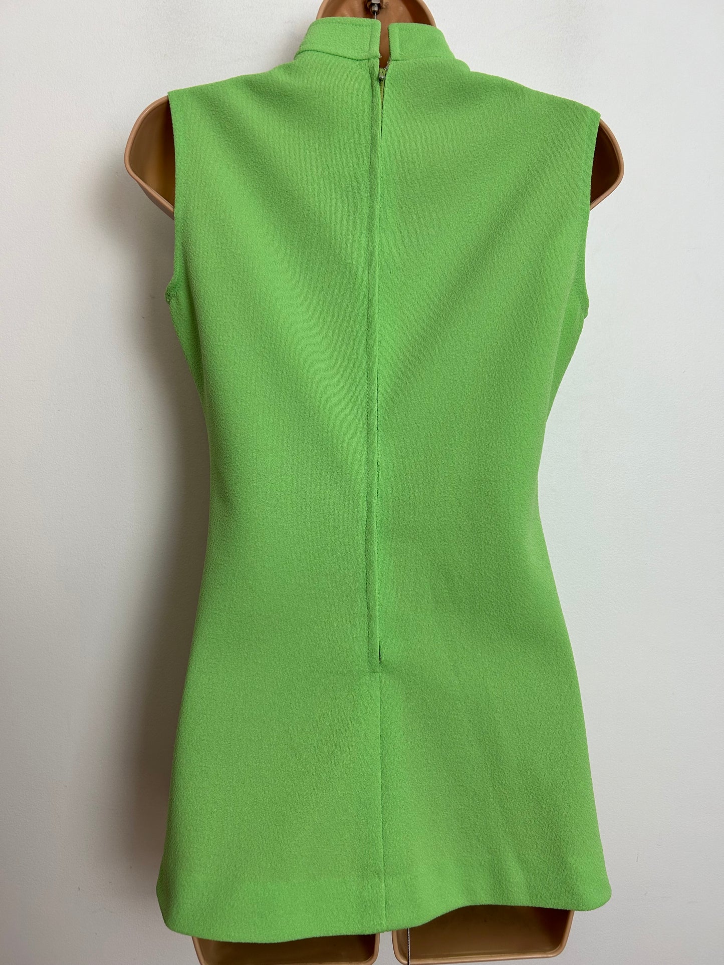 Vintage 1960s UK Size 8-10 Lime Green Crimplene Sleeveless Pleated Mod Micro Mini Dress