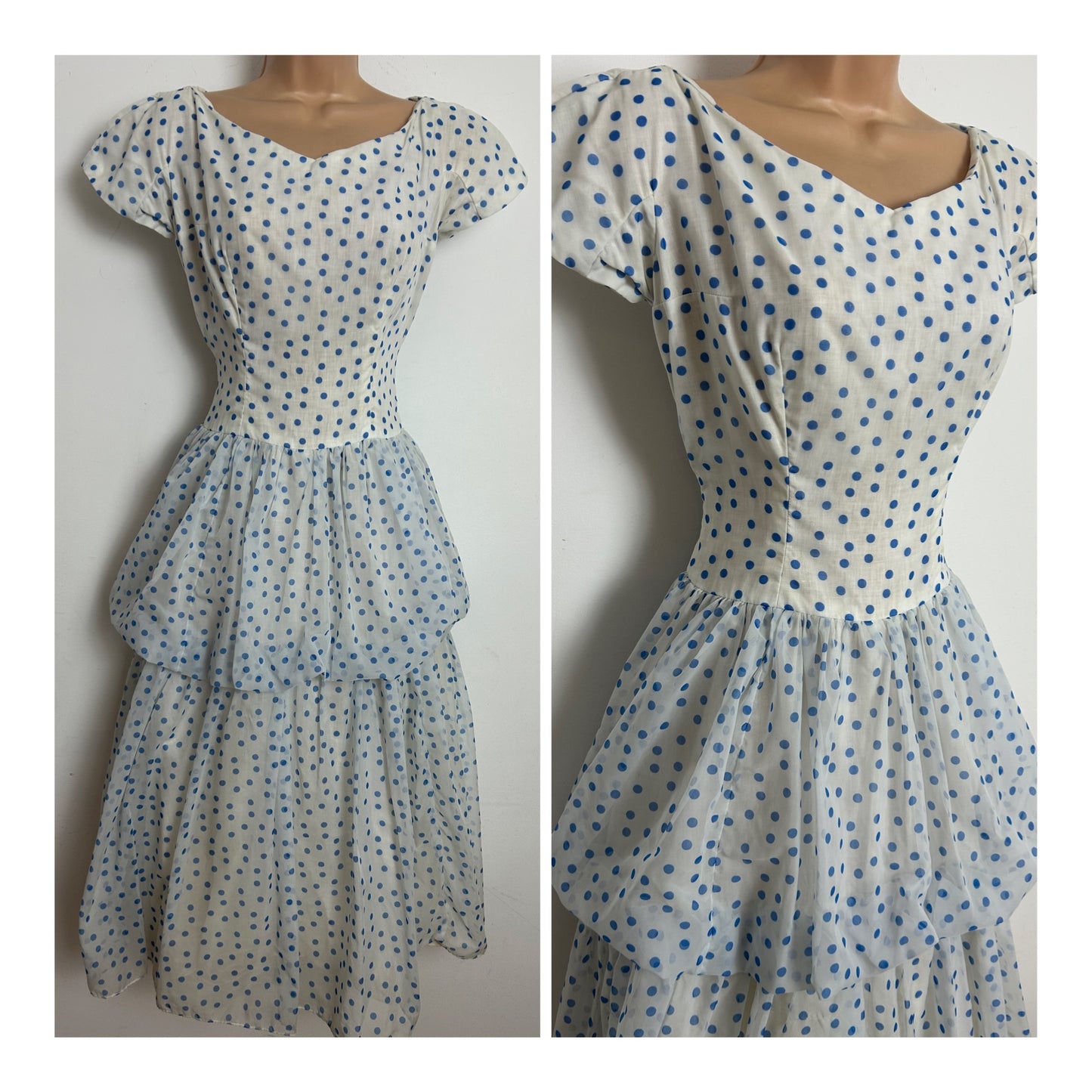 Vintage Late 1950s PECK & PECK Size 8 White & Blue Polka Dot Layered Party Prom Occasion Dress