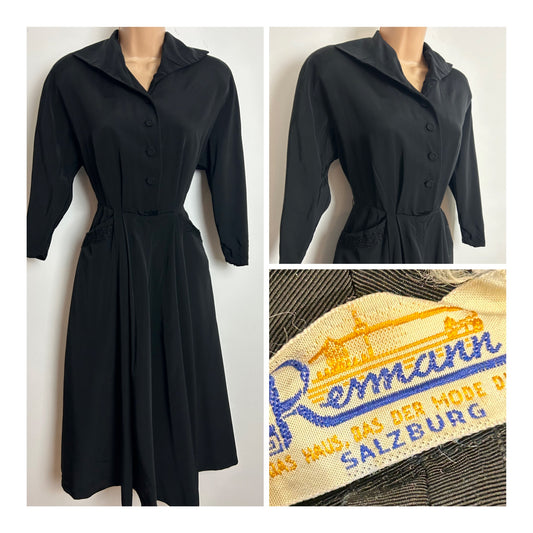 Vintage Original 1940s Size 8-10 Black Braid Trim 3/4 Sleeve Pocket Detail WW2 Era Pleated Dress
