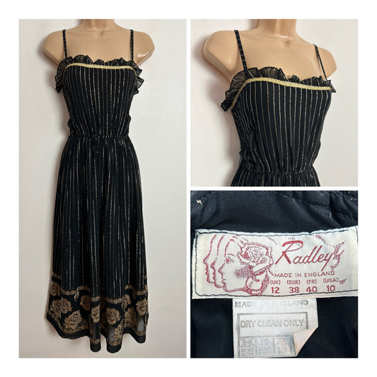 Vintage Late 1970s RADLEY UK Size 8 Black & Metallic Gold Stripe & Floral Pattern Strappy Occasion Midi Dress
