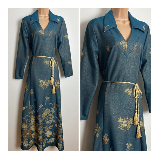 Vintage 1970s MACKERNESS Size 14 Teal & Gold Lurex Floral Print Belted Occasion Maxi Dress