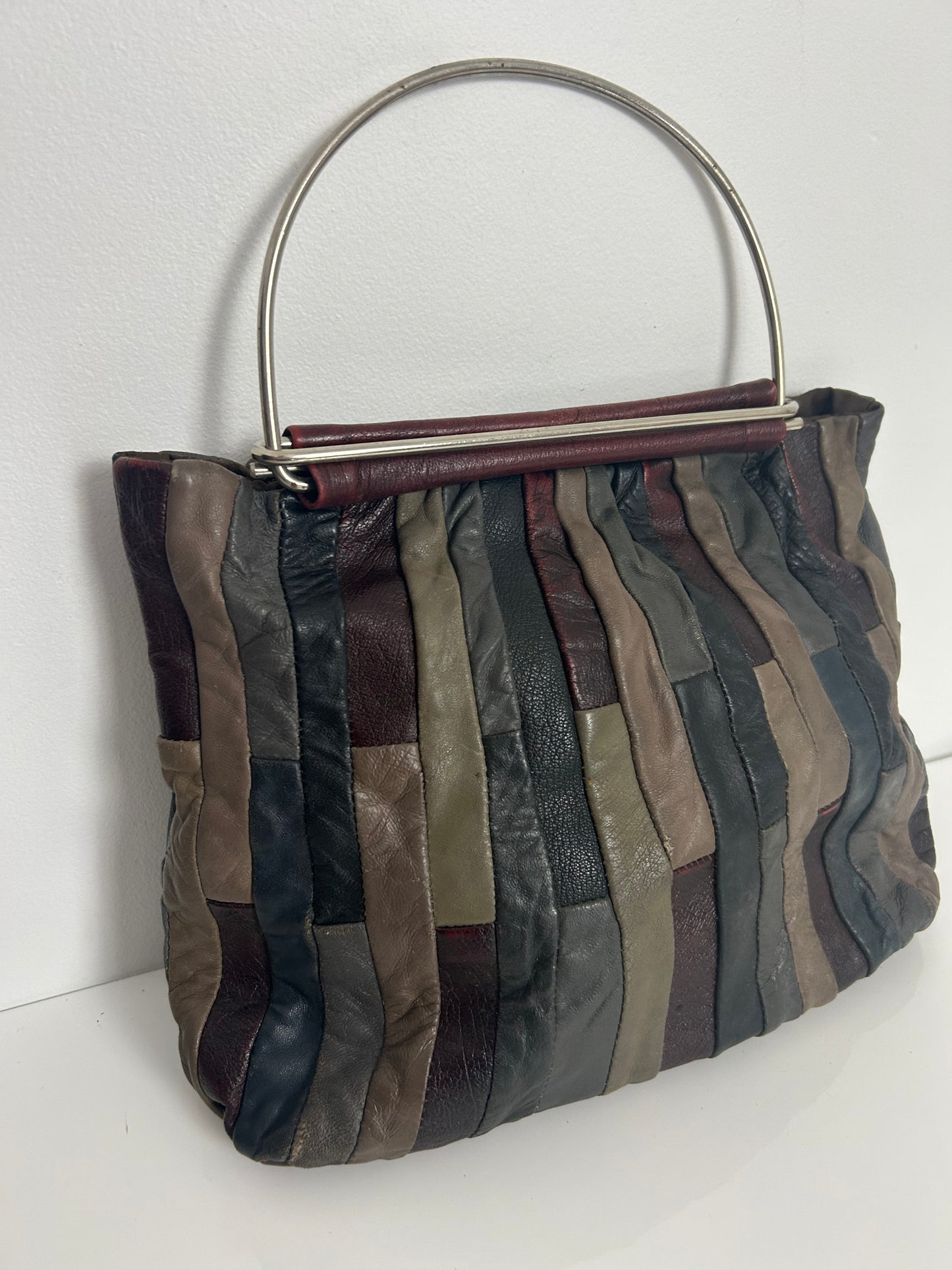 Vintage 1970s Dark Red Green & Grey Tones Patchwork Leather Metal Handled Boho Handbag