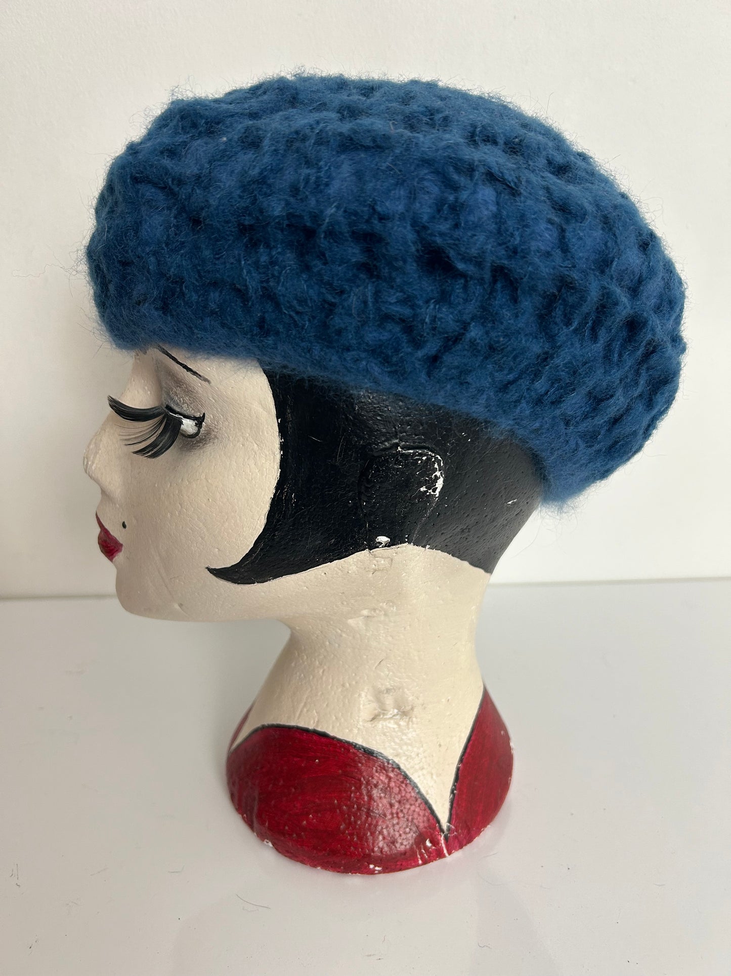 Vintage Dusky Blue Chunky Knit Wool & Angora Mix Beret Style Reversible Hat