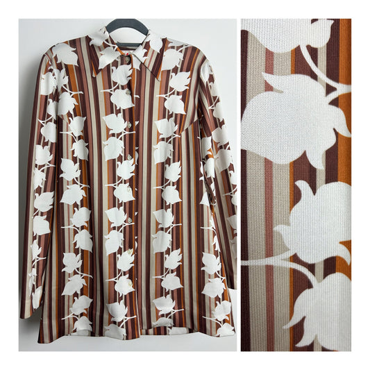 Vintage 1970s VITOS PARIS Size 14 Brown Beige Rusty Orange & White Stripe Print Long Sleeve Shirt