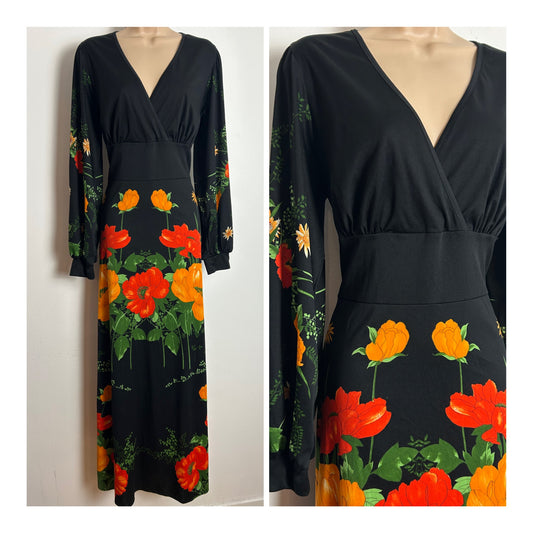 Vintage 1970s C&A Size 14 Hand Painted Black & Orange Tones Bold Floral Print Long Sleeve Maxi Dress