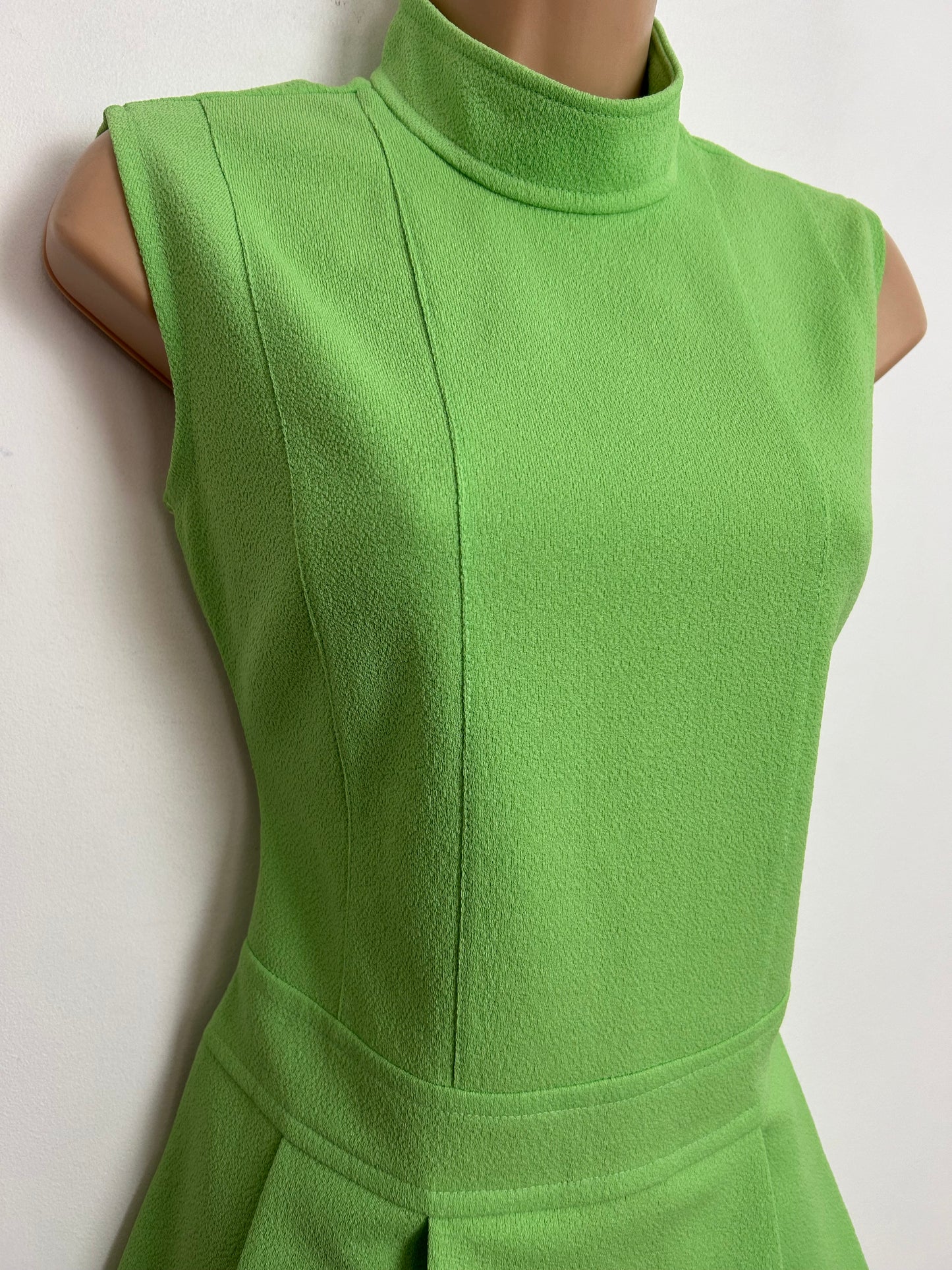 Vintage 1960s UK Size 8-10 Lime Green Crimplene Sleeveless Pleated Mod Micro Mini Dress