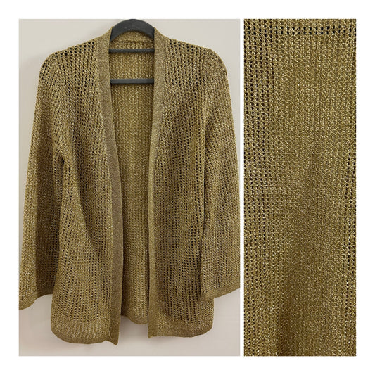 Vintage 1990s UK Size 10-12 Gold Lurex Knit Open Fronted Long Sleeve Cover Up Cardigan
