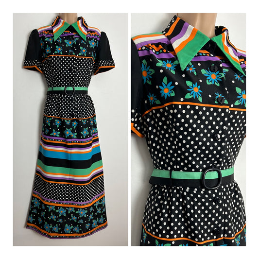 Vintage 1970s LADIES PRIDE UK Size 12-14 Black Green White Orange & Purple Stripe Floral & Polka Dot Print Belted Maxi Dress