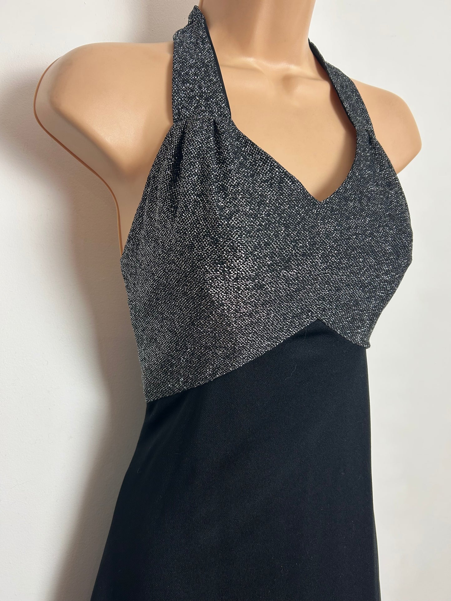Vintage 1970s BELLE OF MY HEART Size 10-12 Black & Silver Lurex Halterneck Xmas Party Evening Dress