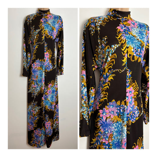Vintage 1970s VILEDA UK Size 8 Brown Blue & Pink Floral Print Roll Neck Long Sleeve Maxi Dress