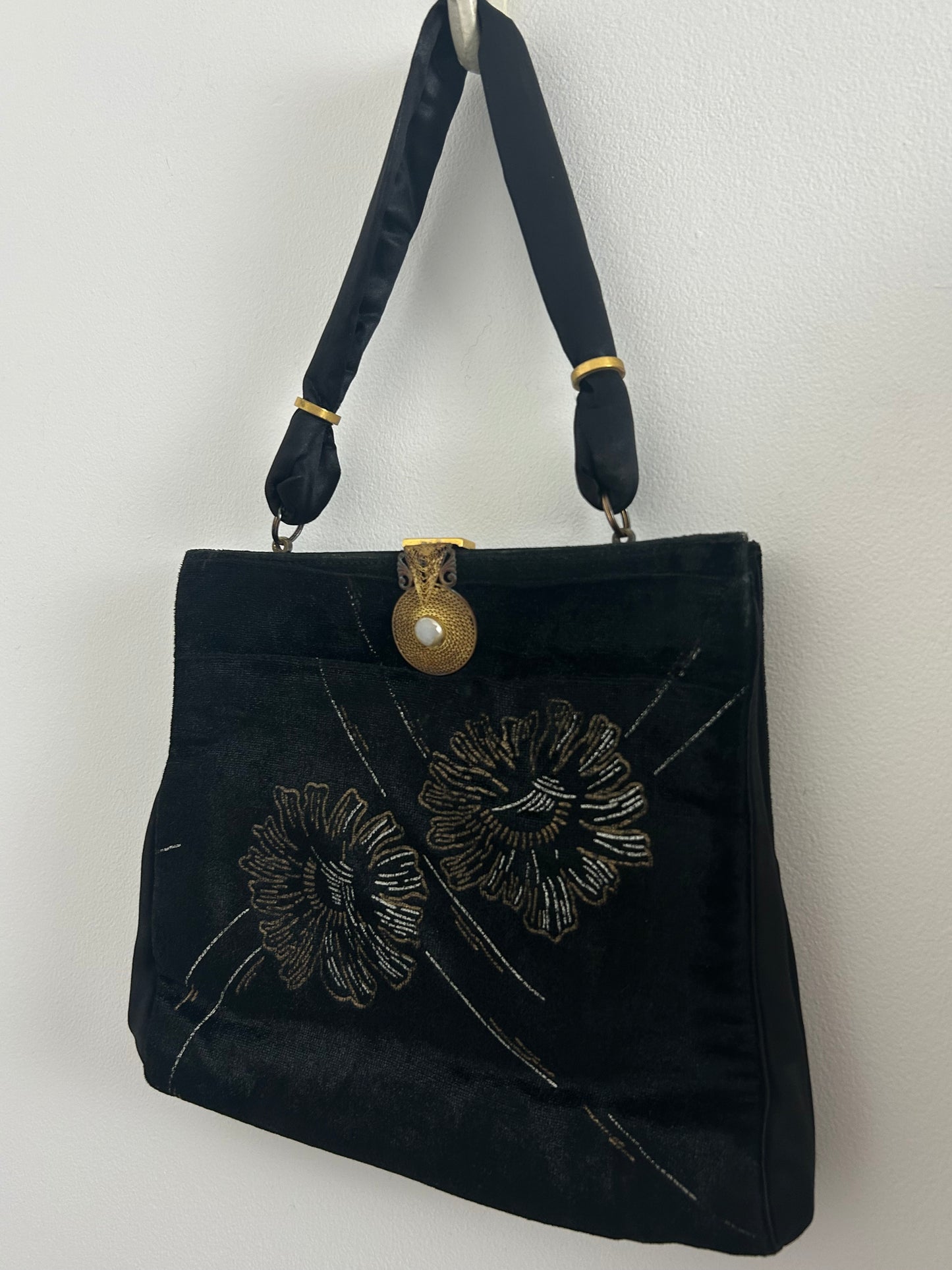 Vintage Early 1950s WALDYBAG Black Velvet Hand Painted Silver & Gold Floral Pattern Cocktail Handbag