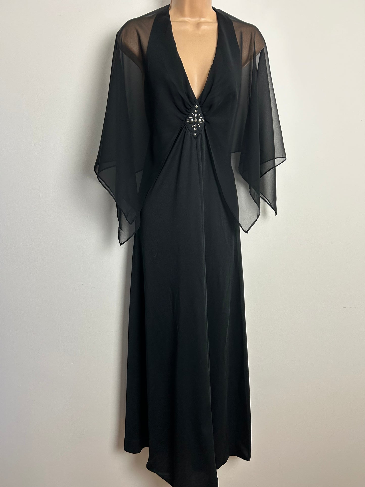Vintage 1970s Size 10 Black Open Back Chiffon Floaty Cape Sleeve Diamante & Bead Detail Occasion Maxi Dress