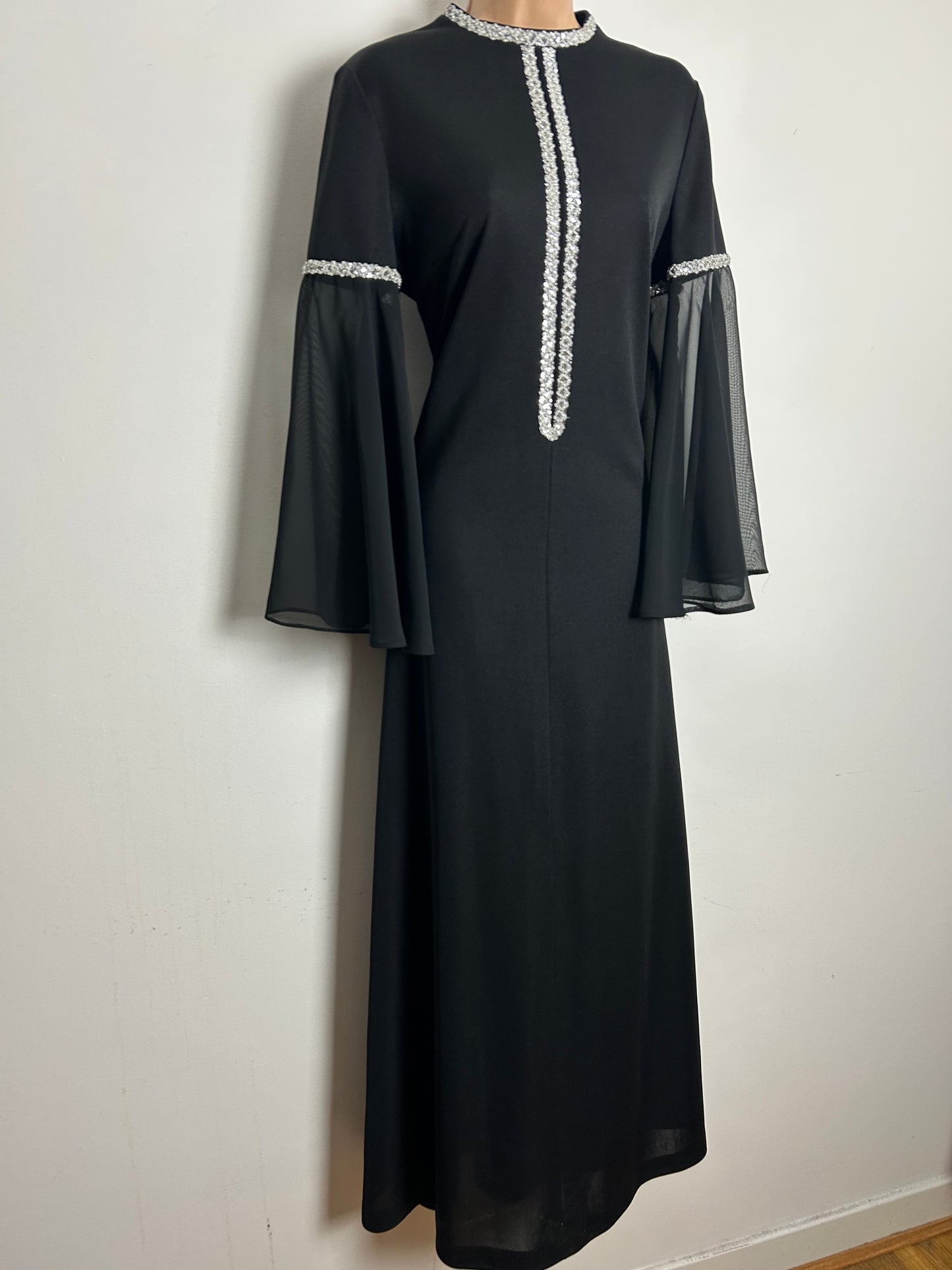 Vintage 1970s CLIFTON Size 14 Black & Silver Braid Trim Flared Chiffon Sleeve Evening Maxi Dress
