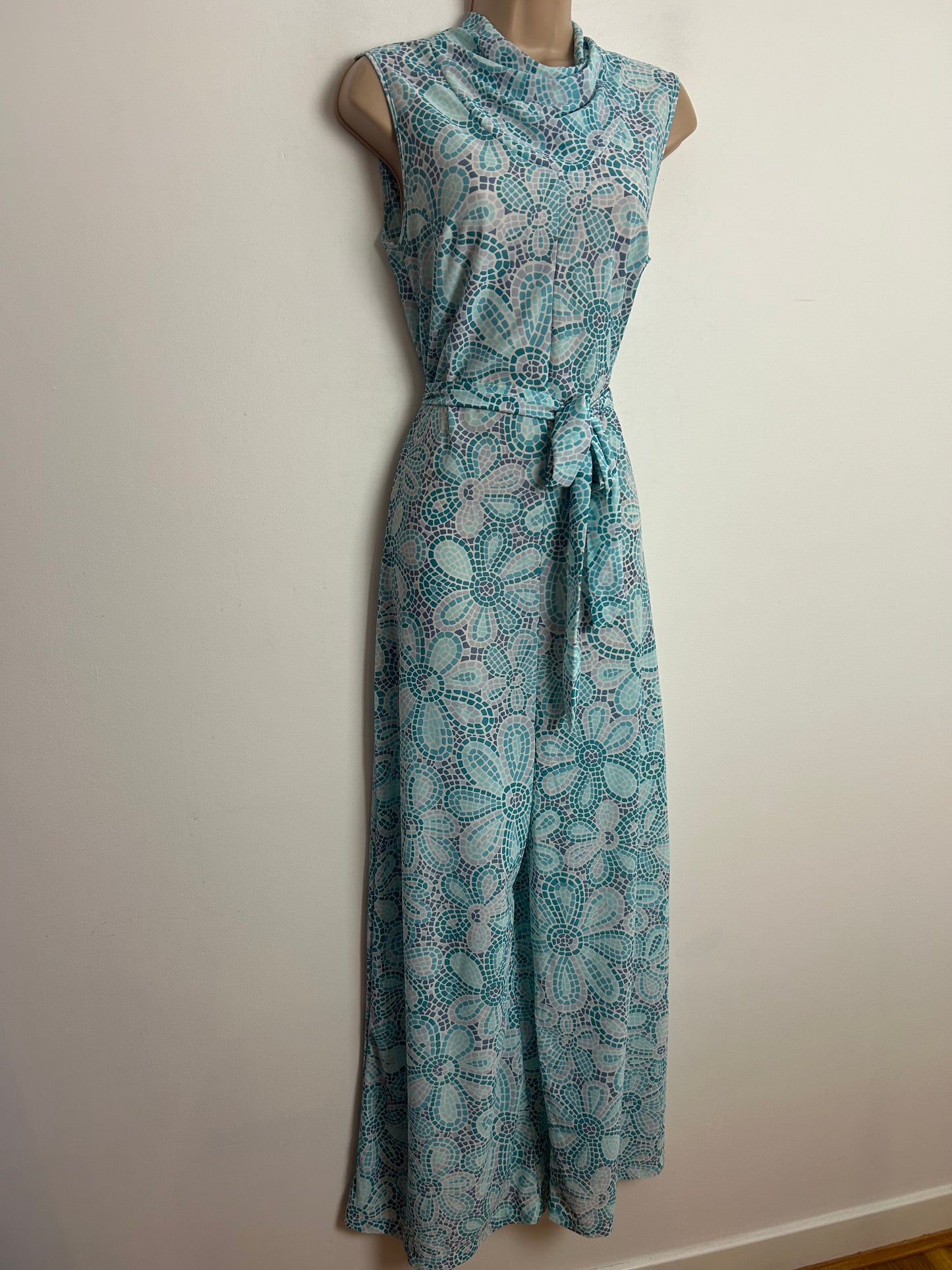 Vintage 1970s Rare PIPPA DEE Blue Teal & Grey Mosaic Floral Print Cowl Neck Sleeveless Belted Wide Leg Nylon Jumpsuit