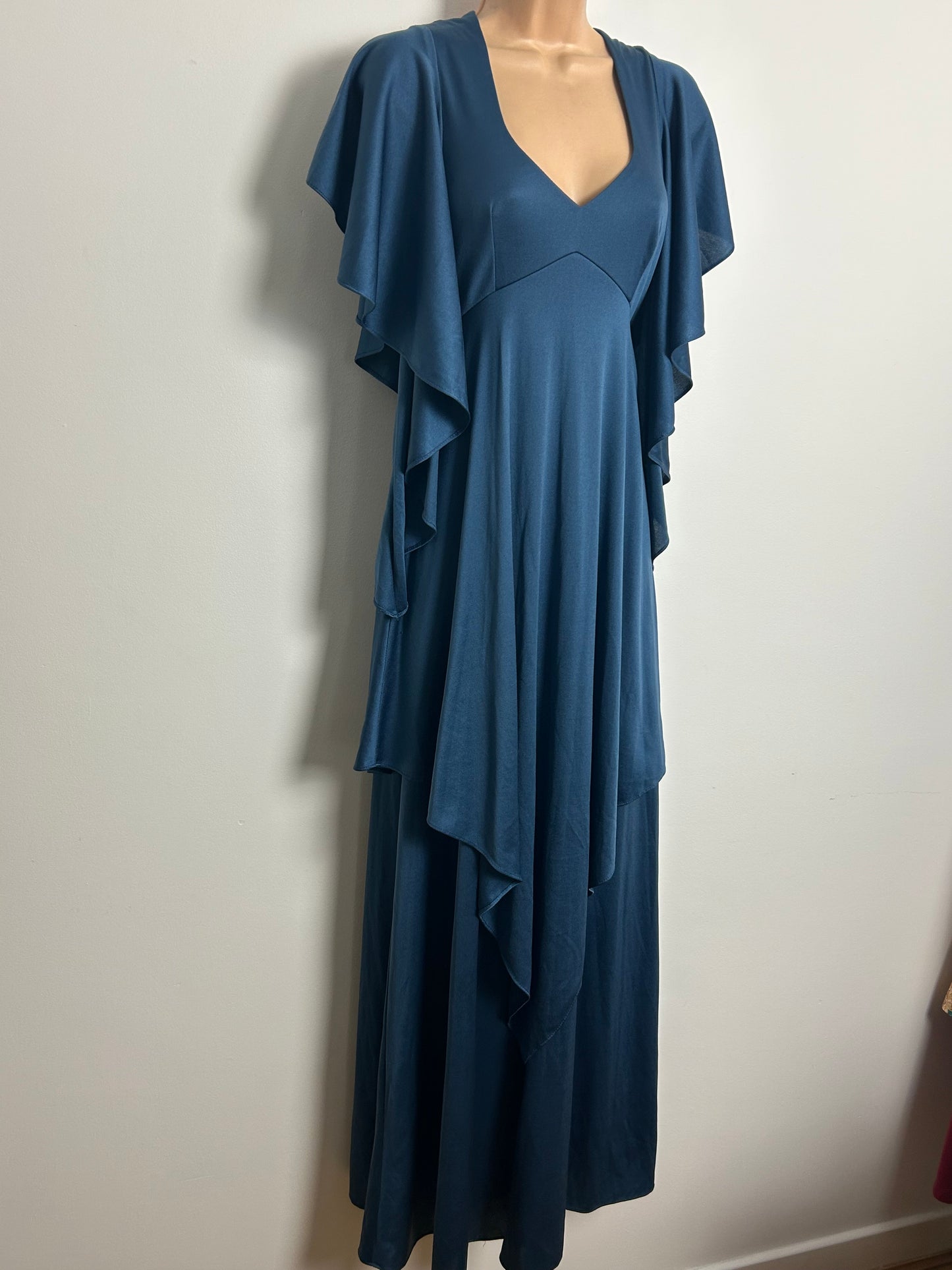 Vintage 1970s MR DARREN Size 8-10 Midnight Dusky Blue Frill Floaty Sleeve Double Layered Maxi Dress
