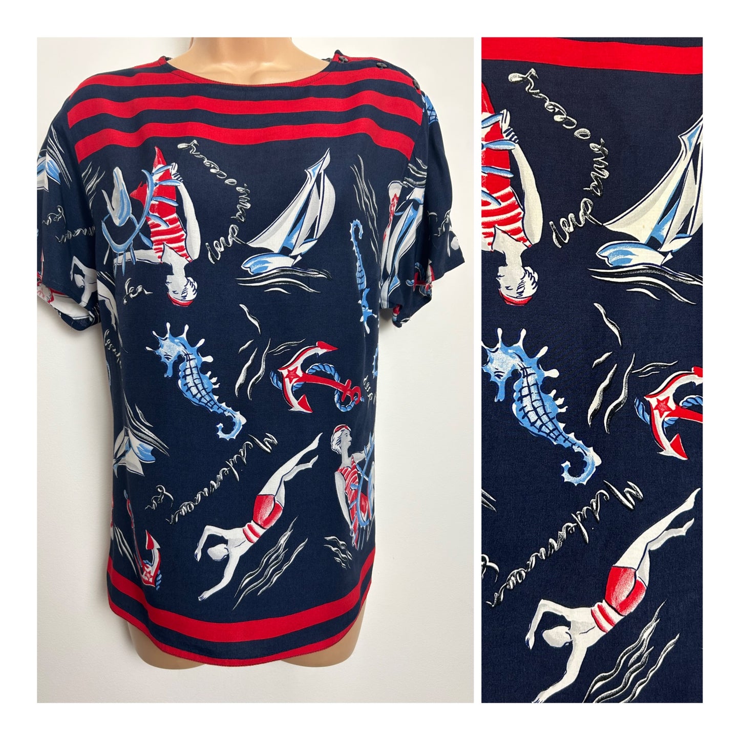 Vintage Y2K Size 12 Navy Blue White & Red Nautical Pin Up Girls Short Sleeve Top