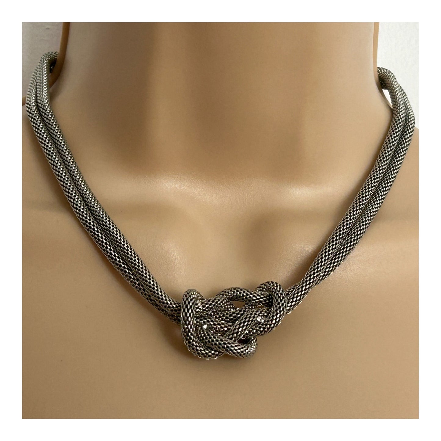 Vintage Silver Tone Mesh Metal Twist Knot Double Strand Necklace