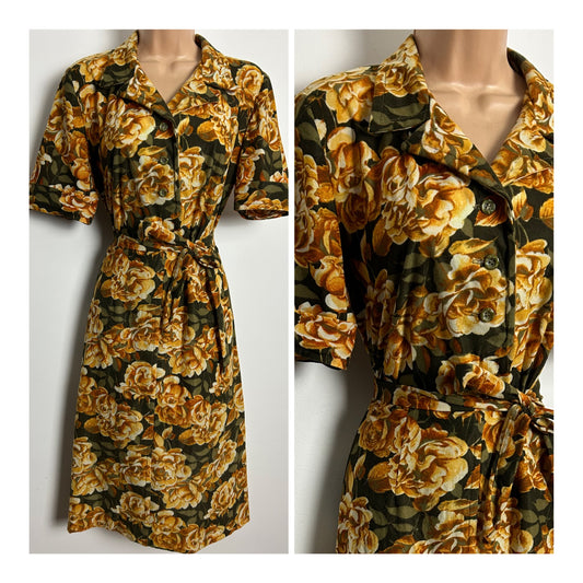 Vintage 1970s Size 14 Dark Green Brown & Sandy Beige Floral Print Short Sleeve Belted Day Dress