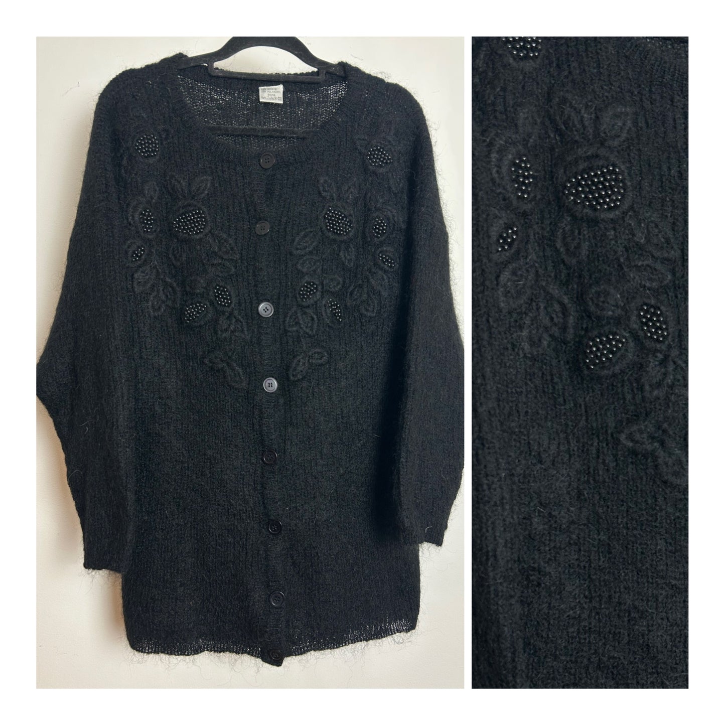 Vintage 1980s Up To Size 16 Black Mohair Mix Bead Embellished Cardigan