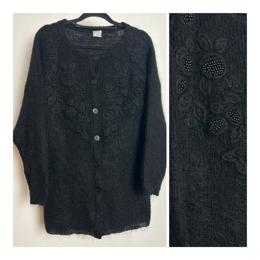 Vintage 1980s Up To Size 16 Black Mohair Mix Bead Embellished Cardigan