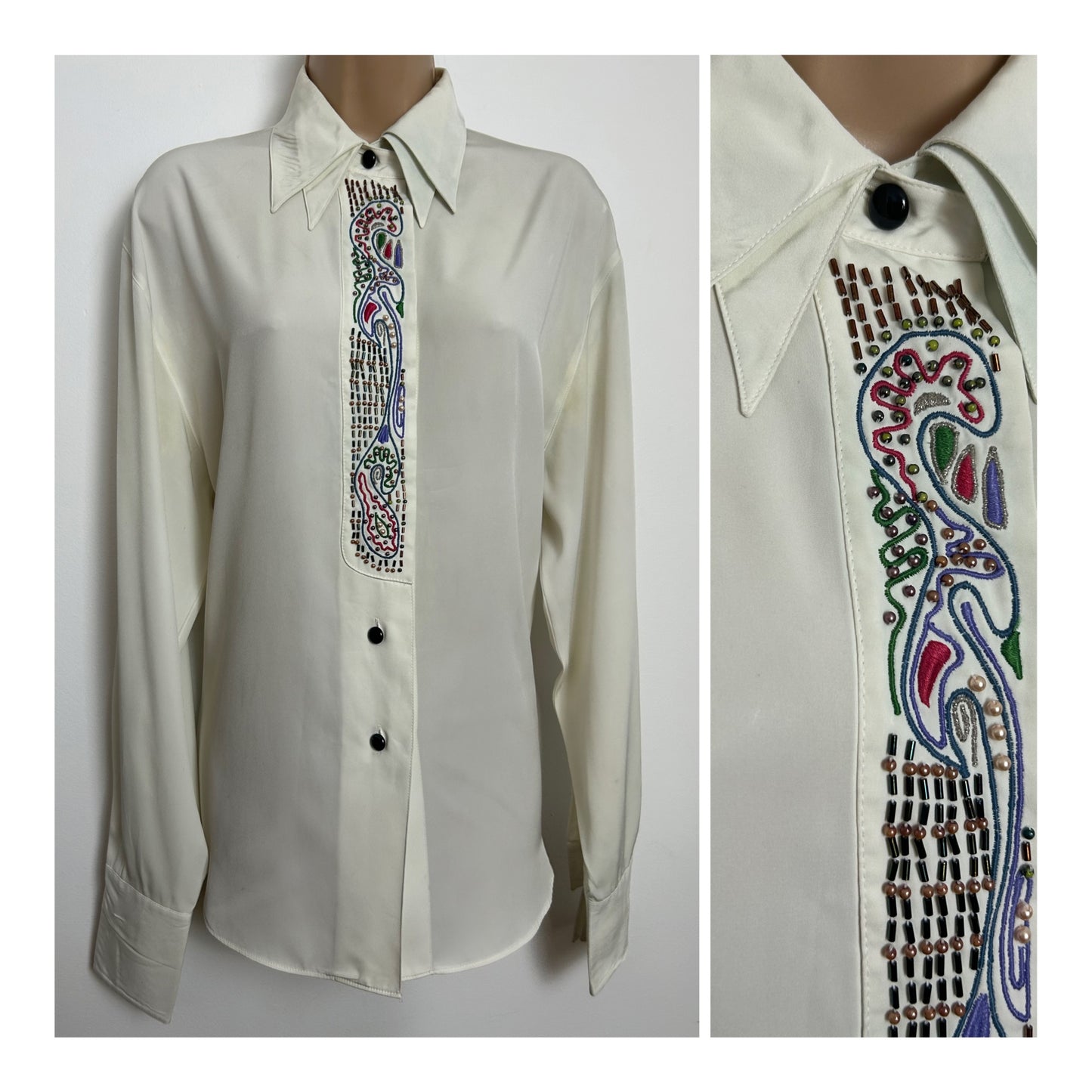 Vintage 1980s Size 12 Off White Double Collared Bead & Embroidered Placket Detail Shirt/Blouse
