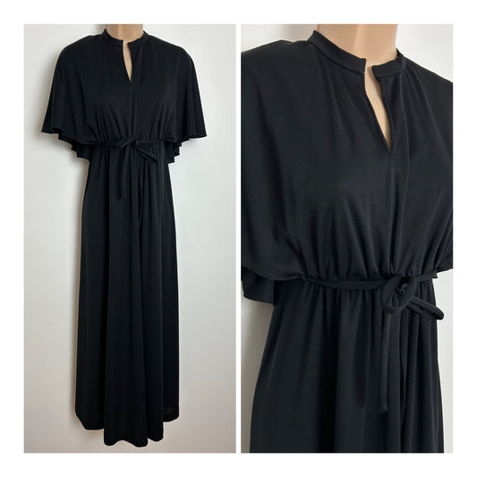 Vintage 1970s KATI AT LAURA PHILLIPS Size 10 Black Flutter Cape Sleeve Empire Line Maxi Dress