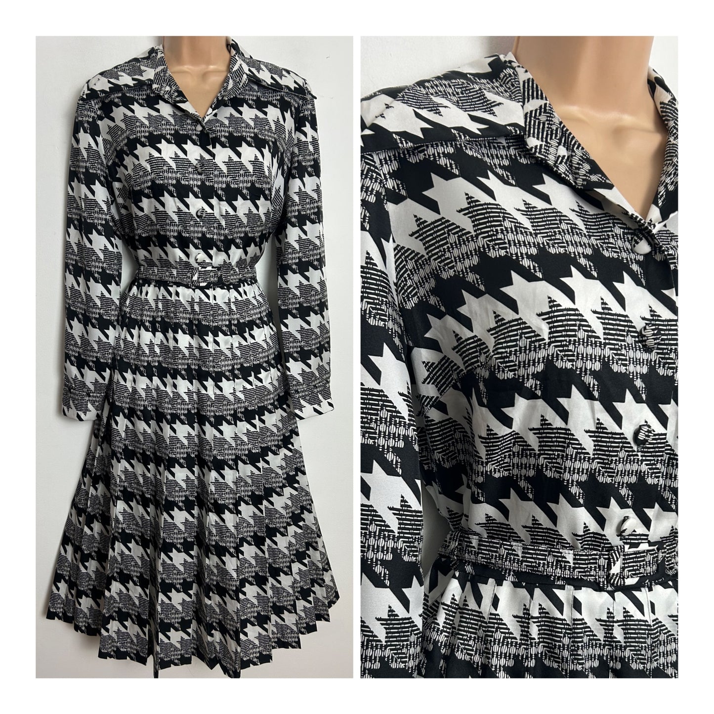 Vintage 1970s BUSSE COUTURE Size 10 Black & White Dogtooth Check Dagger Collar Belted Pleated Dress