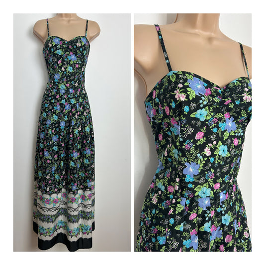 Vintage 1970s Size 6-8 Pretty Black Blue Pink & Green Floral Print Strappy Boho Summer Maxi Dress