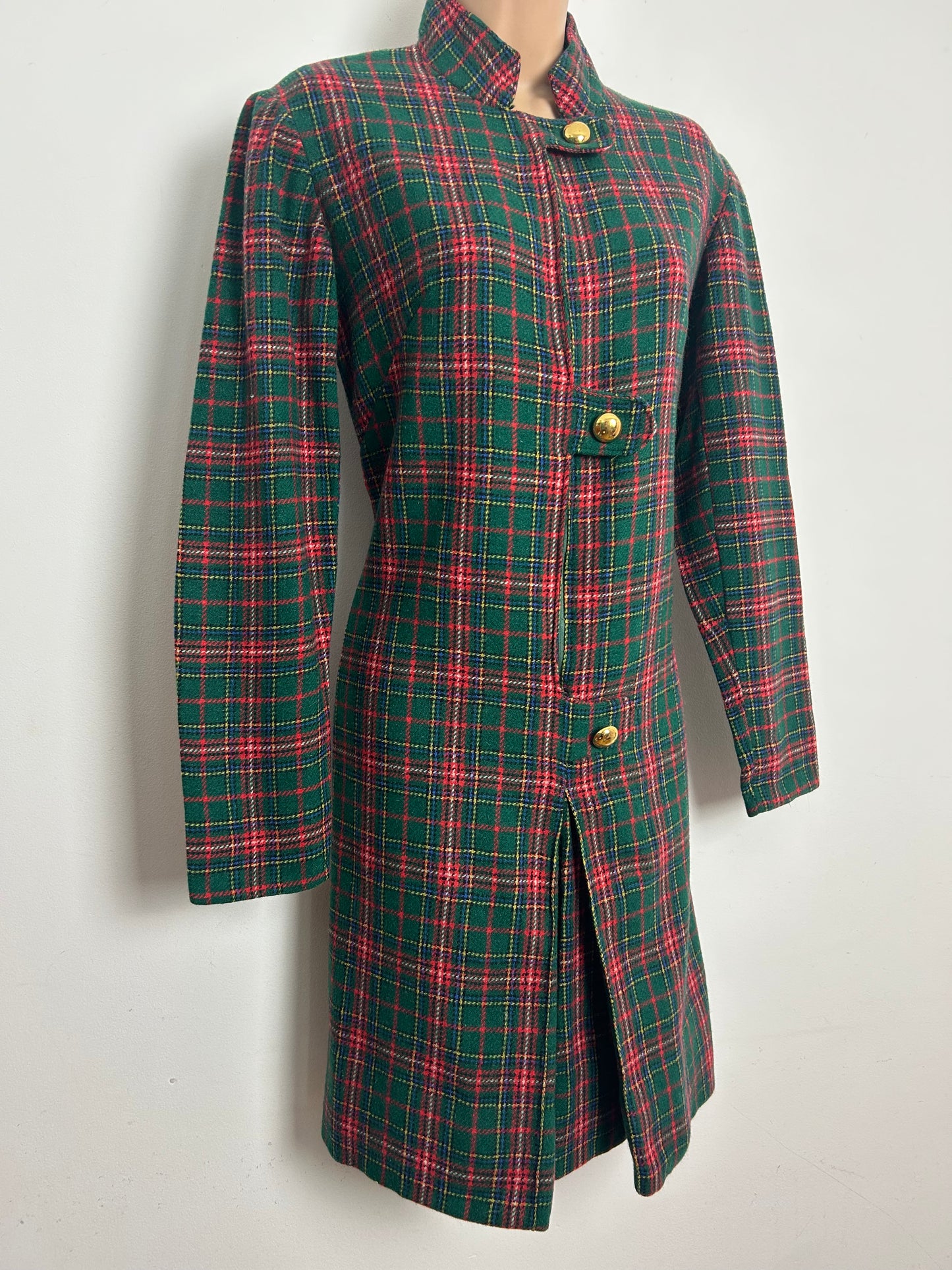 Vintage 1960s Size 10 Green & Red Tartan Check Wool Mod Shift Dress