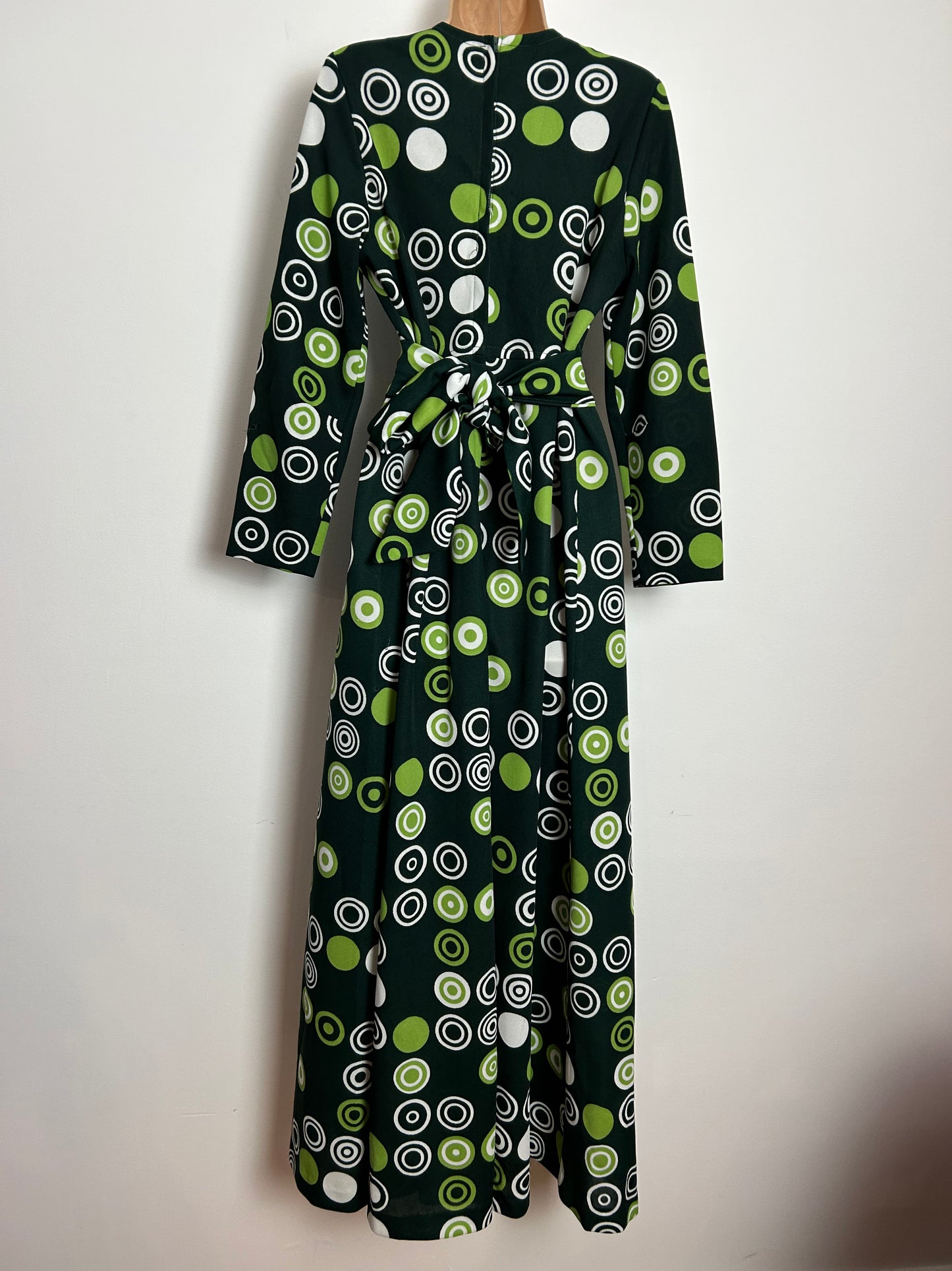 Vintage 1970s UK Size 14 Green & White Circle Print Long Sleeve Tie Back Boho Maxi Dress